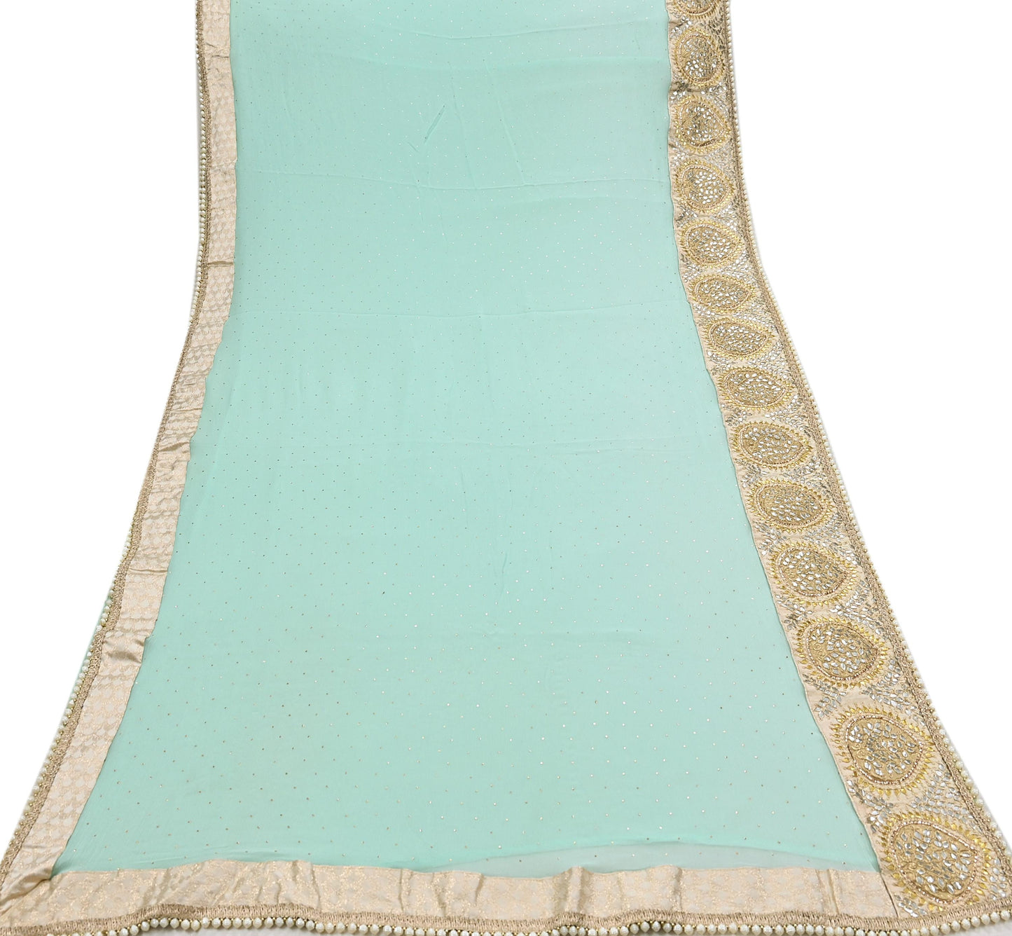Rare Vintage Sea Green Pure Chiffon Silk Saree Hand Embroidered Mukesh Fabric 6 Yards Sari Bollywood Party Wear Ethnic With Blouse Fabric