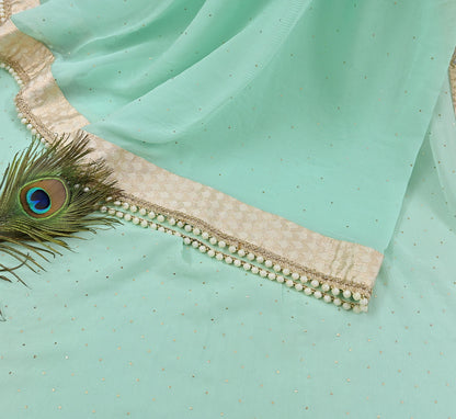 Rare Vintage Sea Green Pure Chiffon Silk Saree Hand Embroidered Mukesh Fabric 6 Yards Sari Bollywood Party Wear Ethnic With Blouse Fabric
