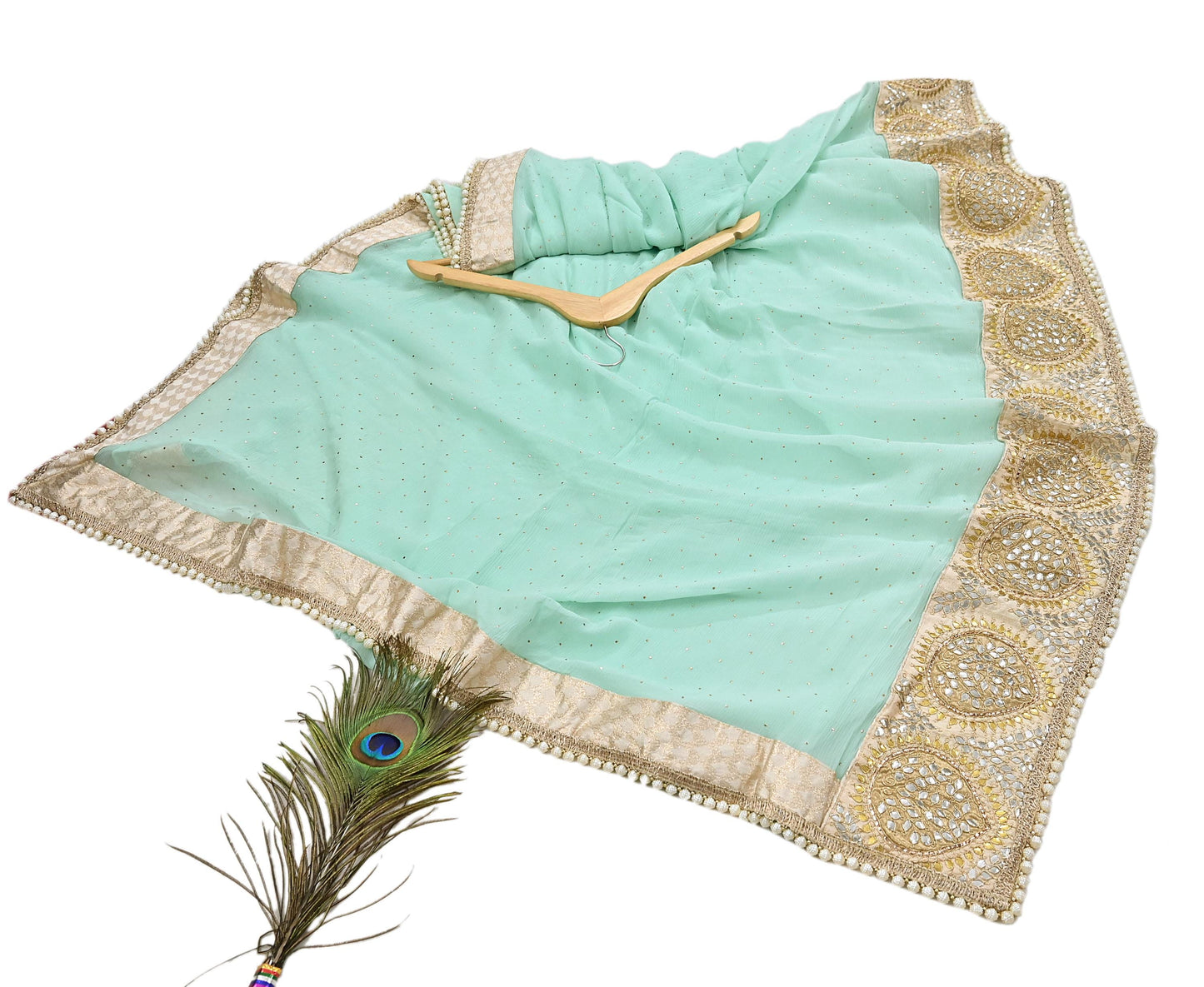 Rare Vintage Sea Green Pure Chiffon Silk Saree Hand Embroidered Mukesh Fabric 6 Yards Sari Bollywood Party Wear Ethnic With Blouse Fabric