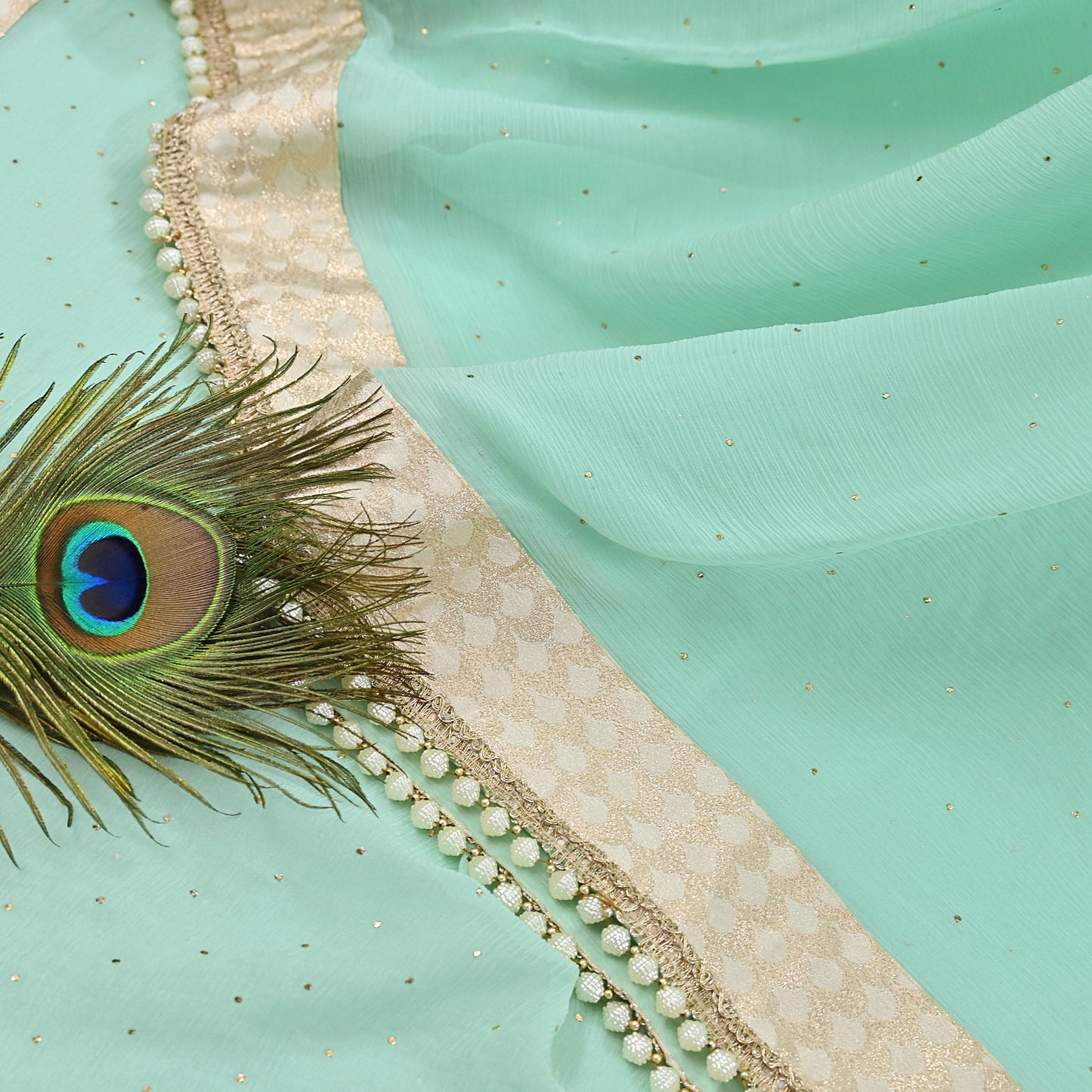 Rare Vintage Sea Green Pure Chiffon Silk Saree Hand Embroidered Mukesh Fabric 6 Yards Sari Bollywood Party Wear Ethnic With Blouse Fabric
