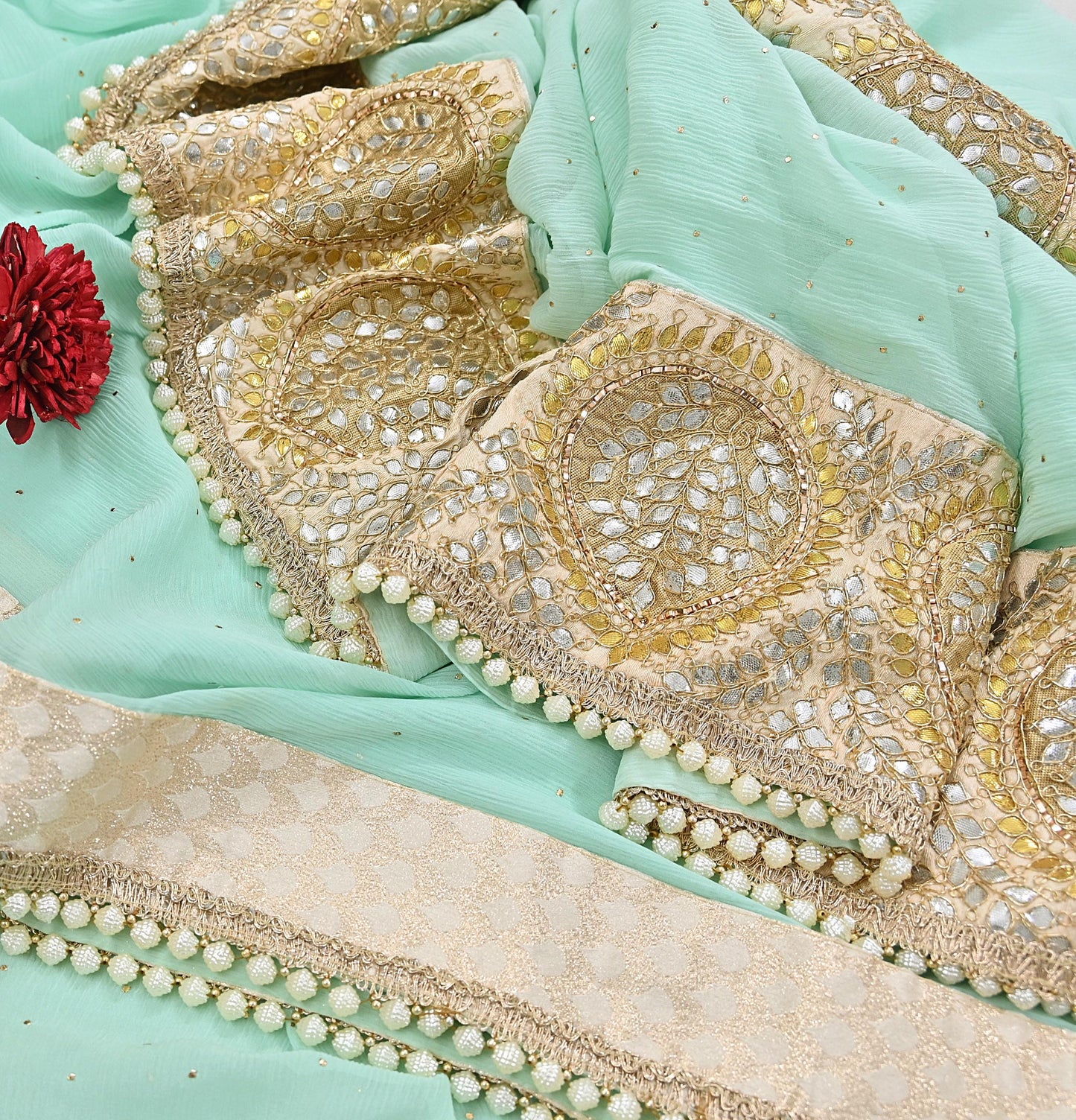 Rare Vintage Sea Green Pure Chiffon Silk Saree Hand Embroidered Mukesh Fabric 6 Yards Sari Bollywood Party Wear Ethnic With Blouse Fabric