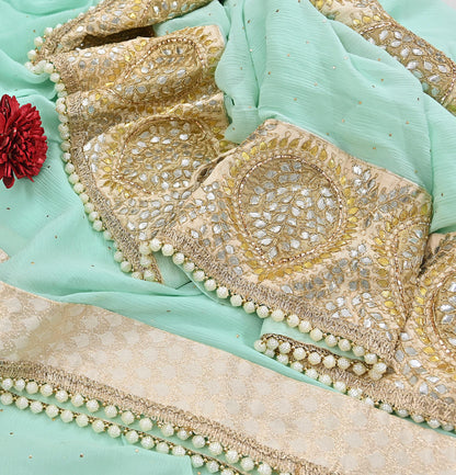 Rare Vintage Sea Green Pure Chiffon Silk Saree Hand Embroidered Mukesh Fabric 6 Yards Sari Bollywood Party Wear Ethnic With Blouse Fabric