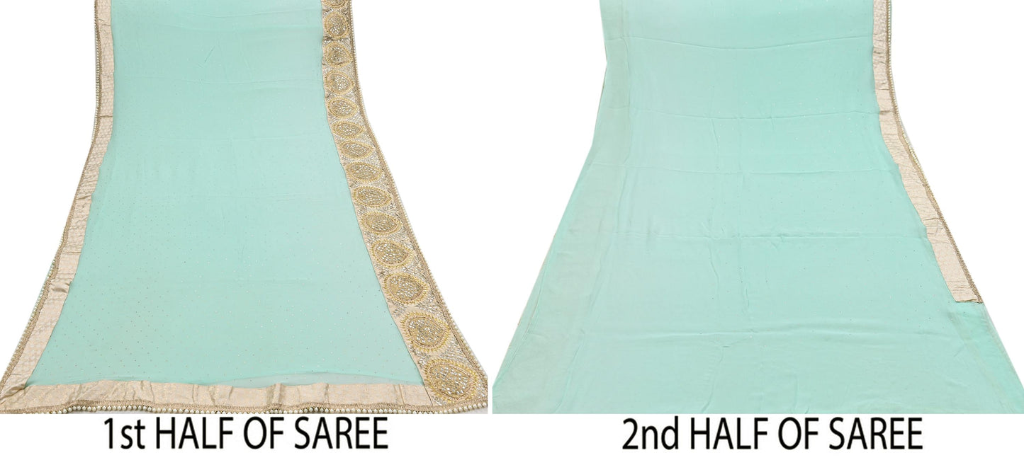 Rare Vintage Sea Green Pure Chiffon Silk Saree Hand Embroidered Mukesh Fabric 6 Yards Sari Bollywood Party Wear Ethnic With Blouse Fabric