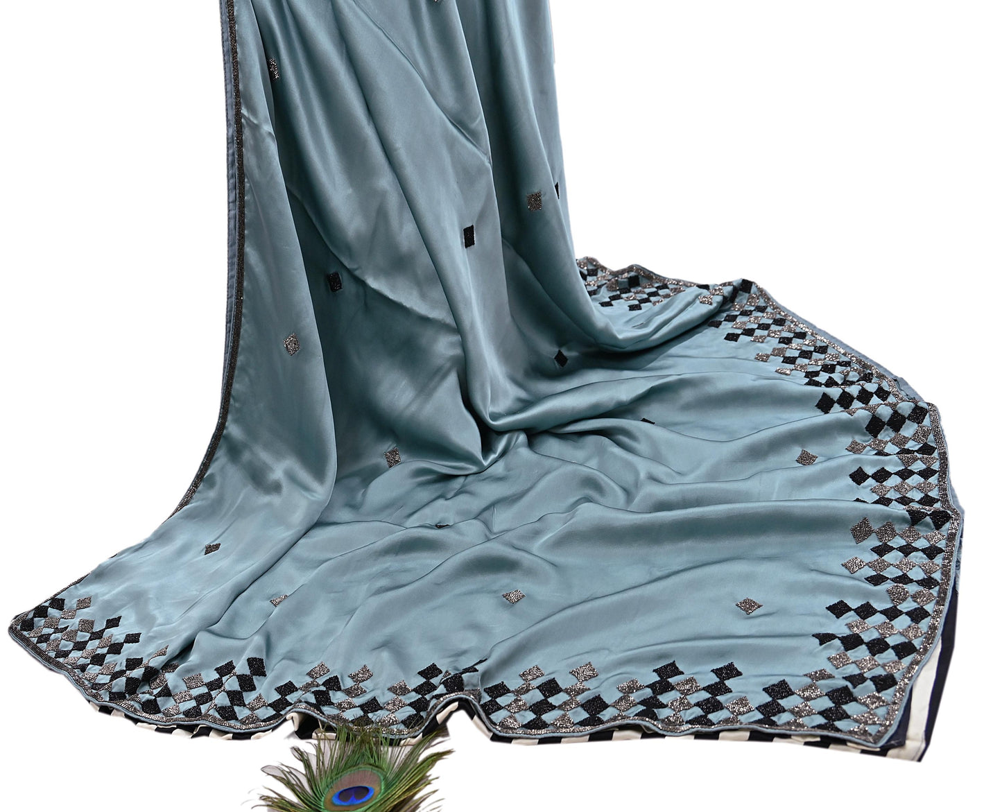 Rare Vintage Pure Satin Silk Saree Hand Embroidered Fabric 5 Yards Sari Bollywood Party Wear Ethnic Designer Saree