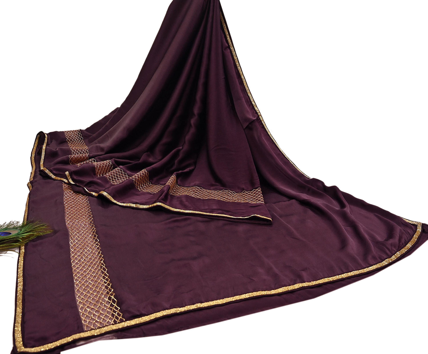 Rare Vintage Purple Pure Satin Silk Saree Hand Embroidered Fabric 5.5 Yards Sari Bollywood Party Wear Ethnic Designer Saree