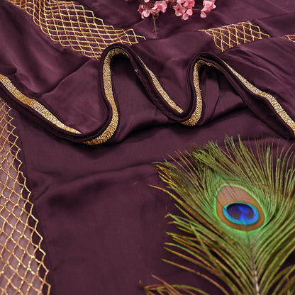 Rare Vintage Purple Pure Satin Silk Saree Hand Embroidered Fabric 5.5 Yards Sari Bollywood Party Wear Ethnic Designer Saree