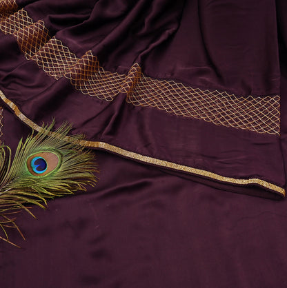 Rare Vintage Purple Pure Satin Silk Saree Hand Embroidered Fabric 5.5 Yards Sari Bollywood Party Wear Ethnic Designer Saree
