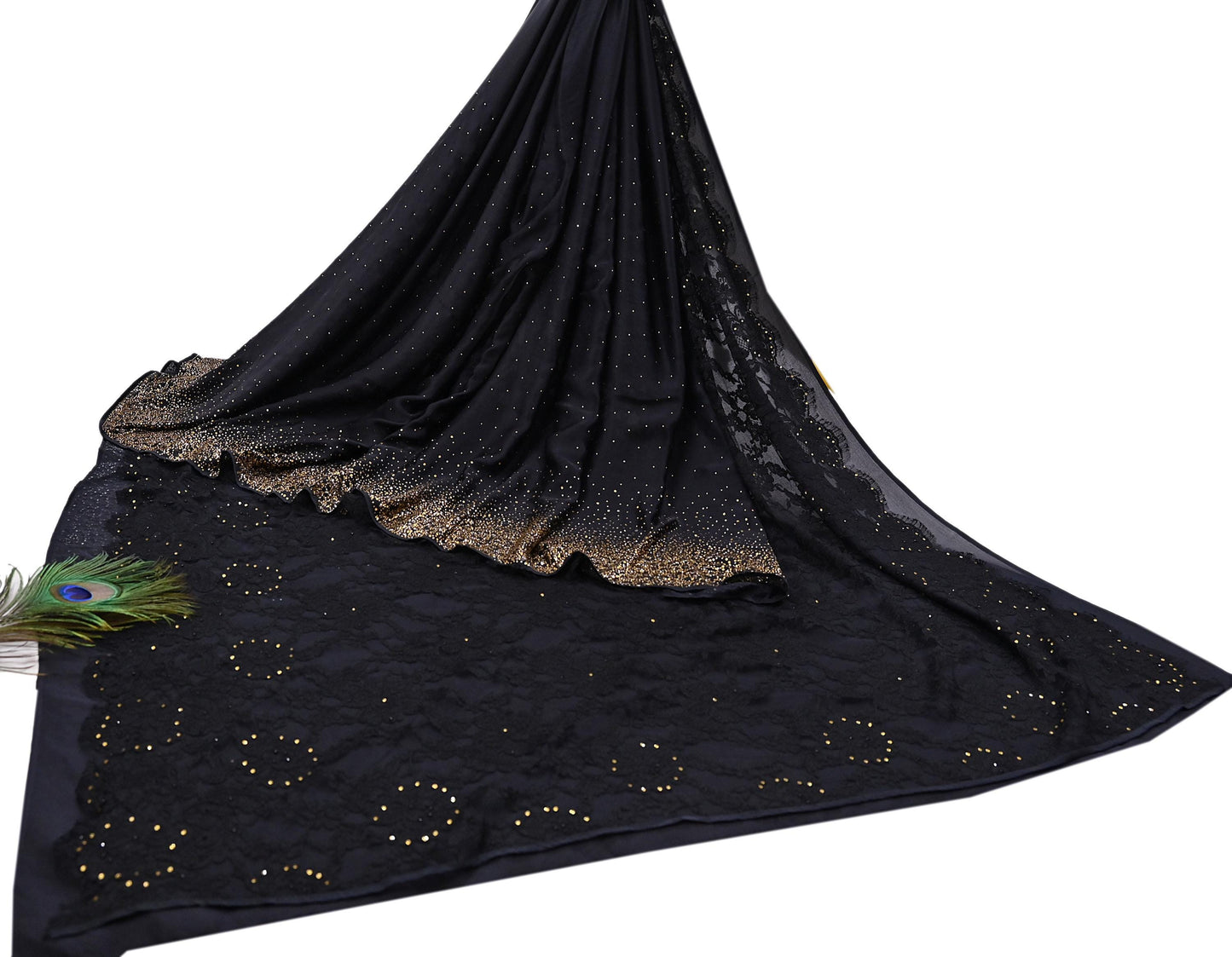 Rare Vintage Black  Net Pure Satin Silk Saree Hand Embroidered Fabric 5 Yards Sari Bollywood Party Wear Ethnic Designer Saree