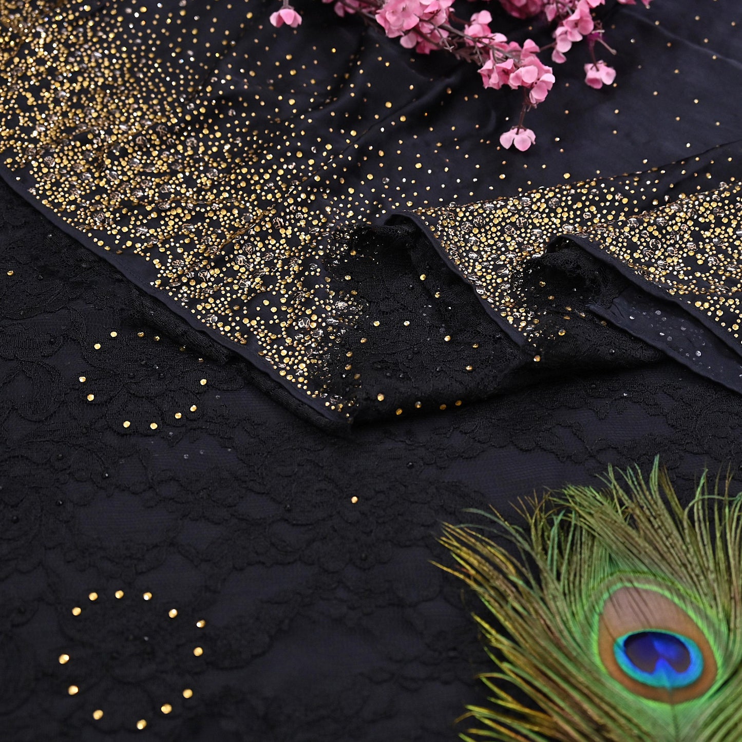 Rare Vintage Black  Net Pure Satin Silk Saree Hand Embroidered Fabric 5 Yards Sari Bollywood Party Wear Ethnic Designer Saree