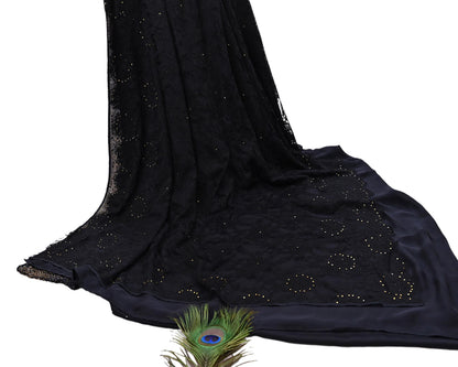 Rare Vintage Black  Net Pure Satin Silk Saree Hand Embroidered Fabric 5 Yards Sari Bollywood Party Wear Ethnic Designer Saree