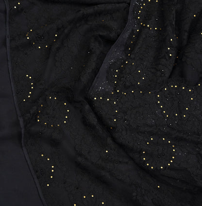 Rare Vintage Black  Net Pure Satin Silk Saree Hand Embroidered Fabric 5 Yards Sari Bollywood Party Wear Ethnic Designer Saree