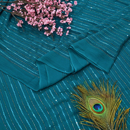Indian Vintage Teal Blue Saree Pure Georgette Silk Hand Beaded Sari Craft Fabric 5Yd Zari Ethnic Bridal/Wedding Sarees Bollywood sari