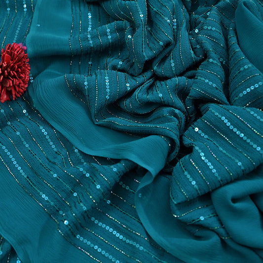 Indian Vintage Teal Blue Saree Pure Georgette Silk Hand Beaded Sari Craft Fabric 5Yd Zari Ethnic Bridal/Wedding Sarees Bollywood sari