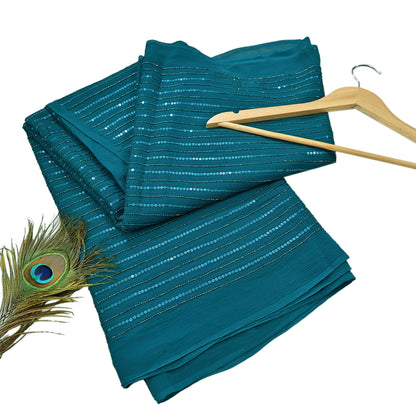 Indian Vintage Teal Blue Saree Pure Georgette Silk Hand Beaded Sari Craft Fabric 5Yd Zari Ethnic Bridal/Wedding Sarees Bollywood sari
