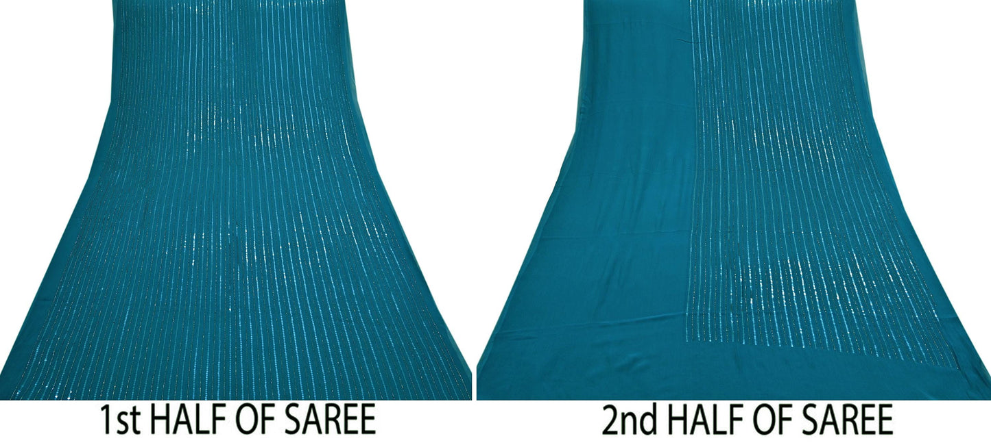 Indian Vintage Teal Blue Saree Pure Georgette Silk Hand Beaded Sari Craft Fabric 5Yd Zari Ethnic Bridal/Wedding Sarees Bollywood sari