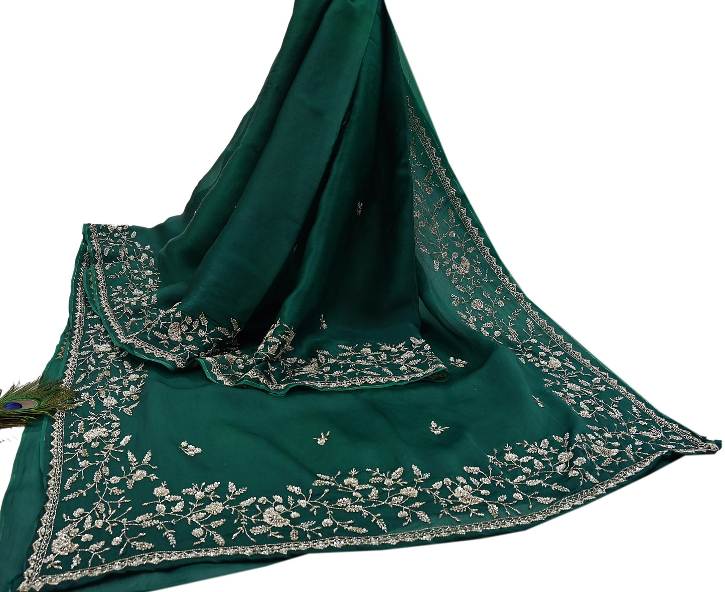 Rare Vintage Bottle Green Pure Organza Silk Saree Zardozi Hand Embroidered Designer Abu Jani Sari 6 Yard Bollywood Party Wear