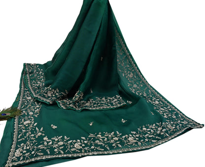 Rare Vintage Bottle Green Pure Organza Silk Saree Zardozi Hand Embroidered Designer Abu Jani Sari 6 Yard Bollywood Party Wear