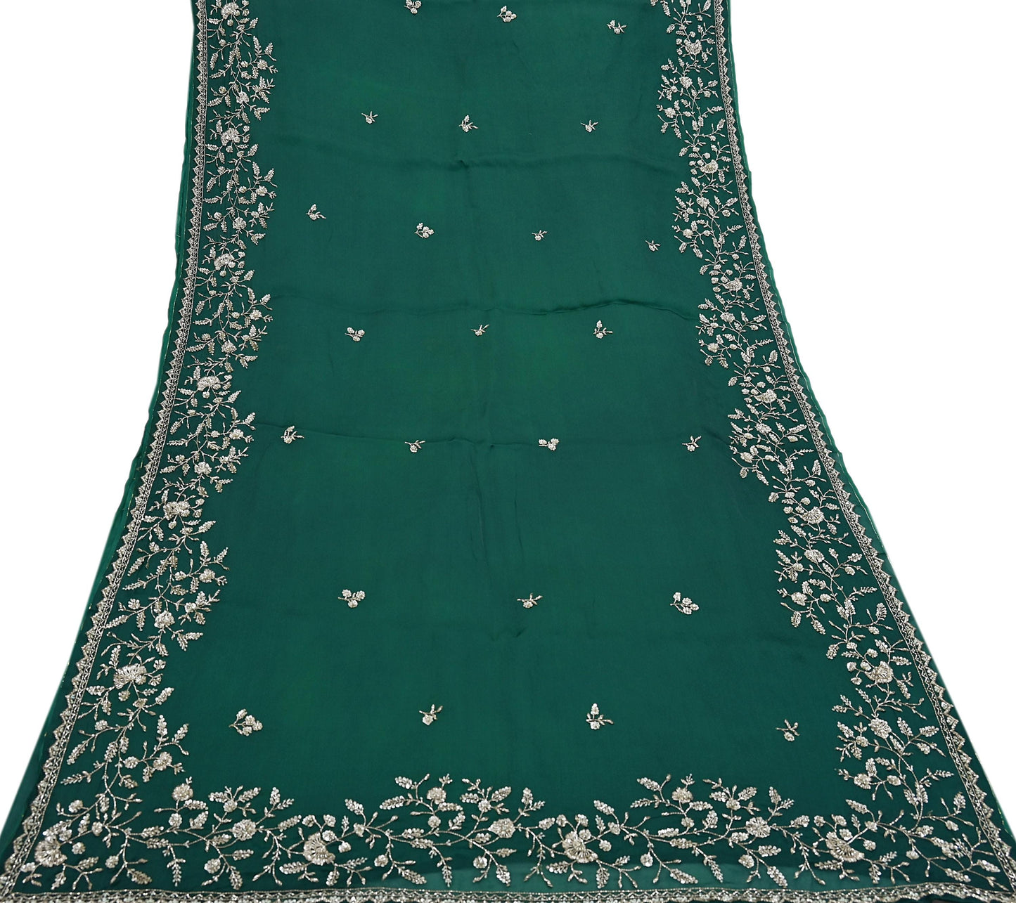 Rare Vintage Bottle Green Pure Organza Silk Saree Zardozi Hand Embroidered Designer Abu Jani Sari 6 Yard Bollywood Party Wear