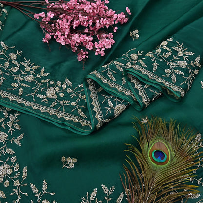 Rare Vintage Bottle Green Pure Organza Silk Saree Zardozi Hand Embroidered Designer Abu Jani Sari 6 Yard Bollywood Party Wear
