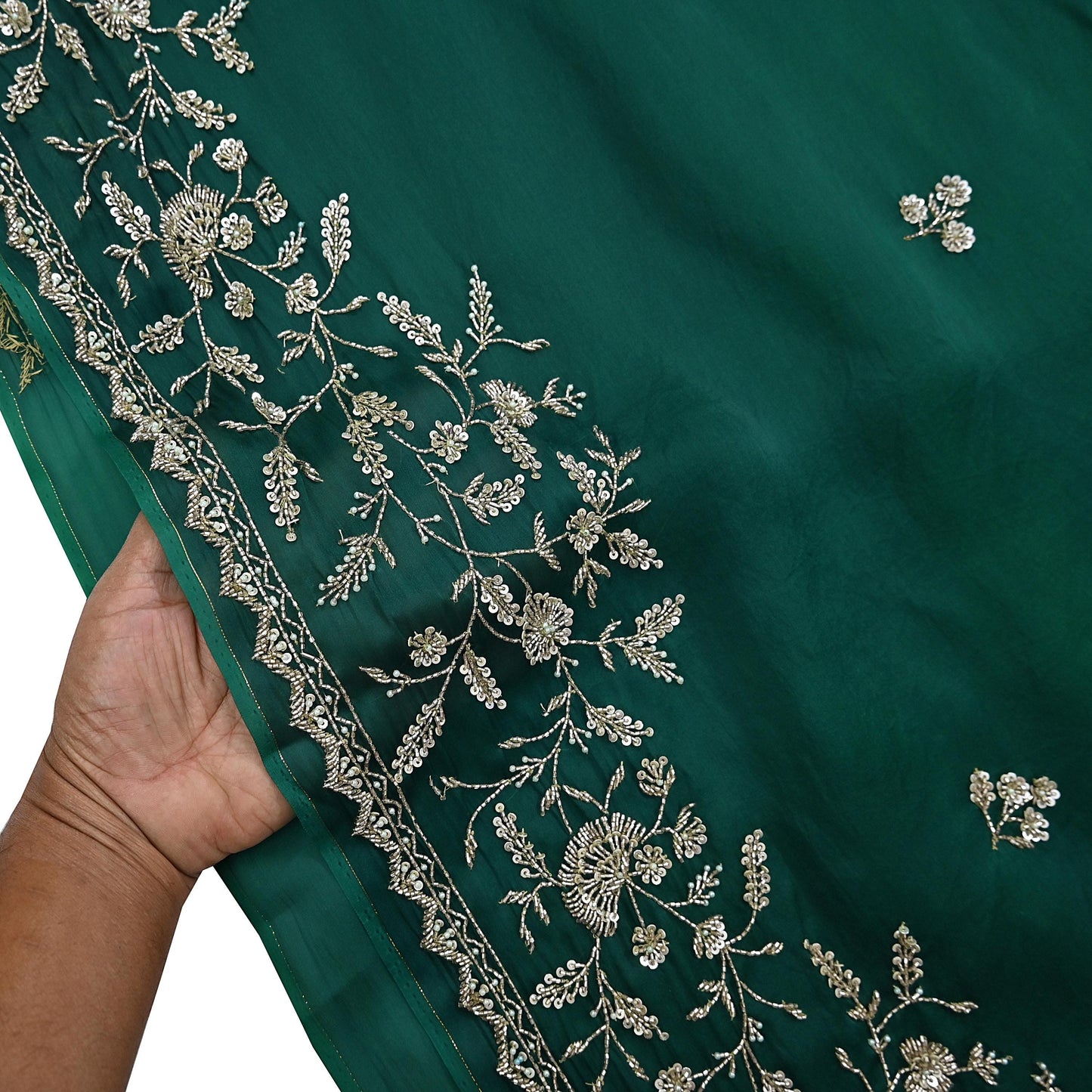 Rare Vintage Bottle Green Pure Organza Silk Saree Zardozi Hand Embroidered Designer Abu Jani Sari 6 Yard Bollywood Party Wear
