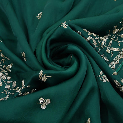 Rare Vintage Bottle Green Pure Organza Silk Saree Zardozi Hand Embroidered Designer Abu Jani Sari 6 Yard Bollywood Party Wear