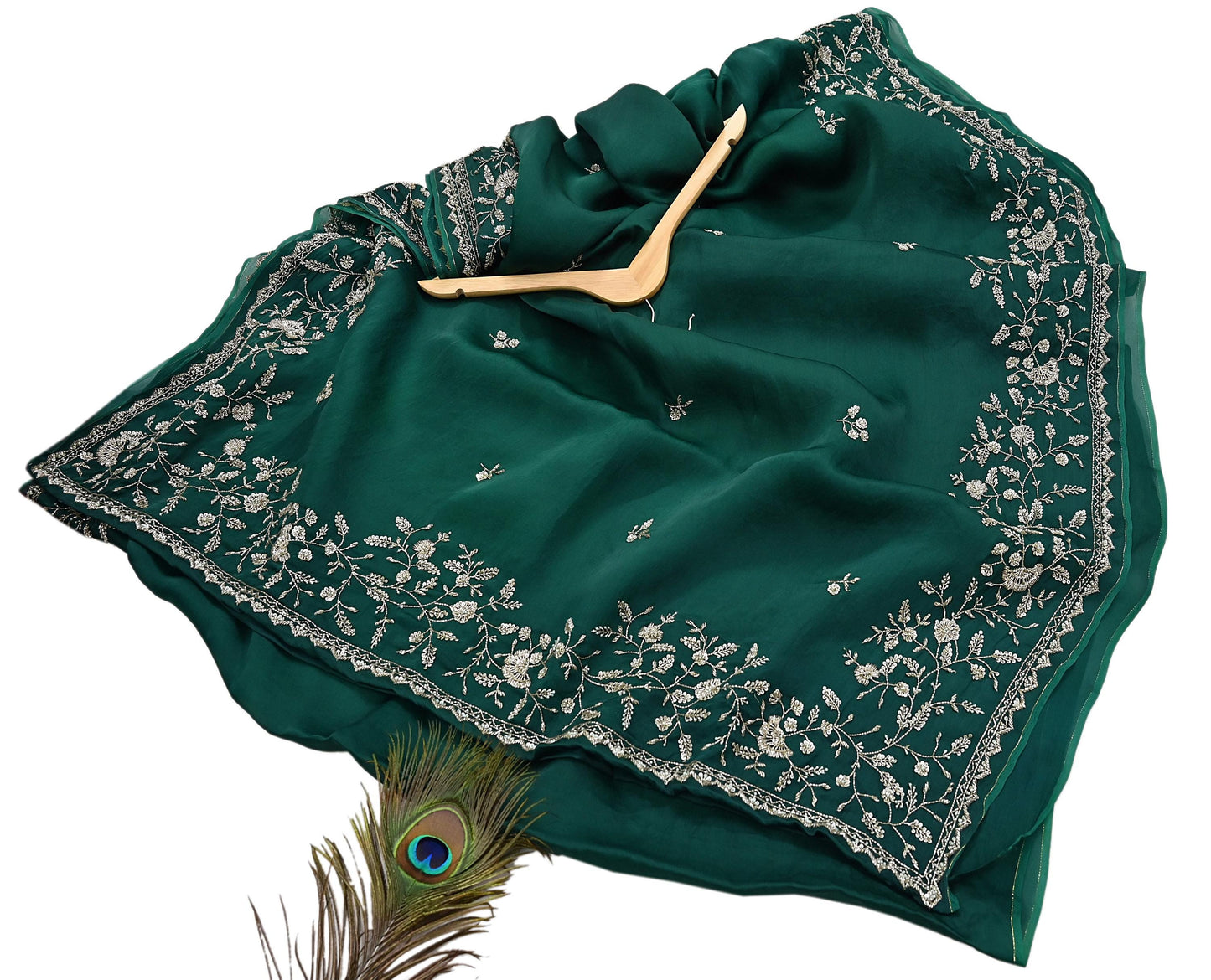 Rare Vintage Bottle Green Pure Organza Silk Saree Zardozi Hand Embroidered Designer Abu Jani Sari 6 Yard Bollywood Party Wear