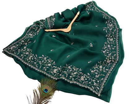 Rare Vintage Bottle Green Pure Organza Silk Saree Zardozi Hand Embroidered Designer Abu Jani Sari 6 Yard Bollywood Party Wear