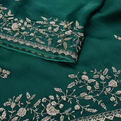 Rare Vintage Bottle Green Pure Organza Silk Saree Zardozi Hand Embroidered Designer Abu Jani Sari 6 Yard Bollywood Party Wear