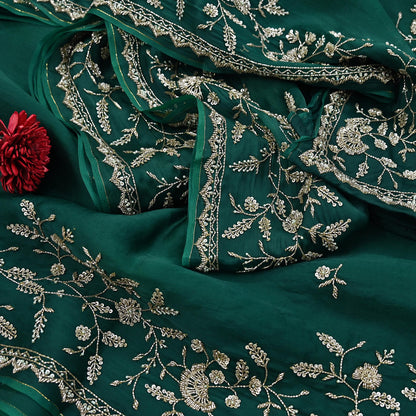 Rare Vintage Bottle Green Pure Organza Silk Saree Zardozi Hand Embroidered Designer Abu Jani Sari 6 Yard Bollywood Party Wear