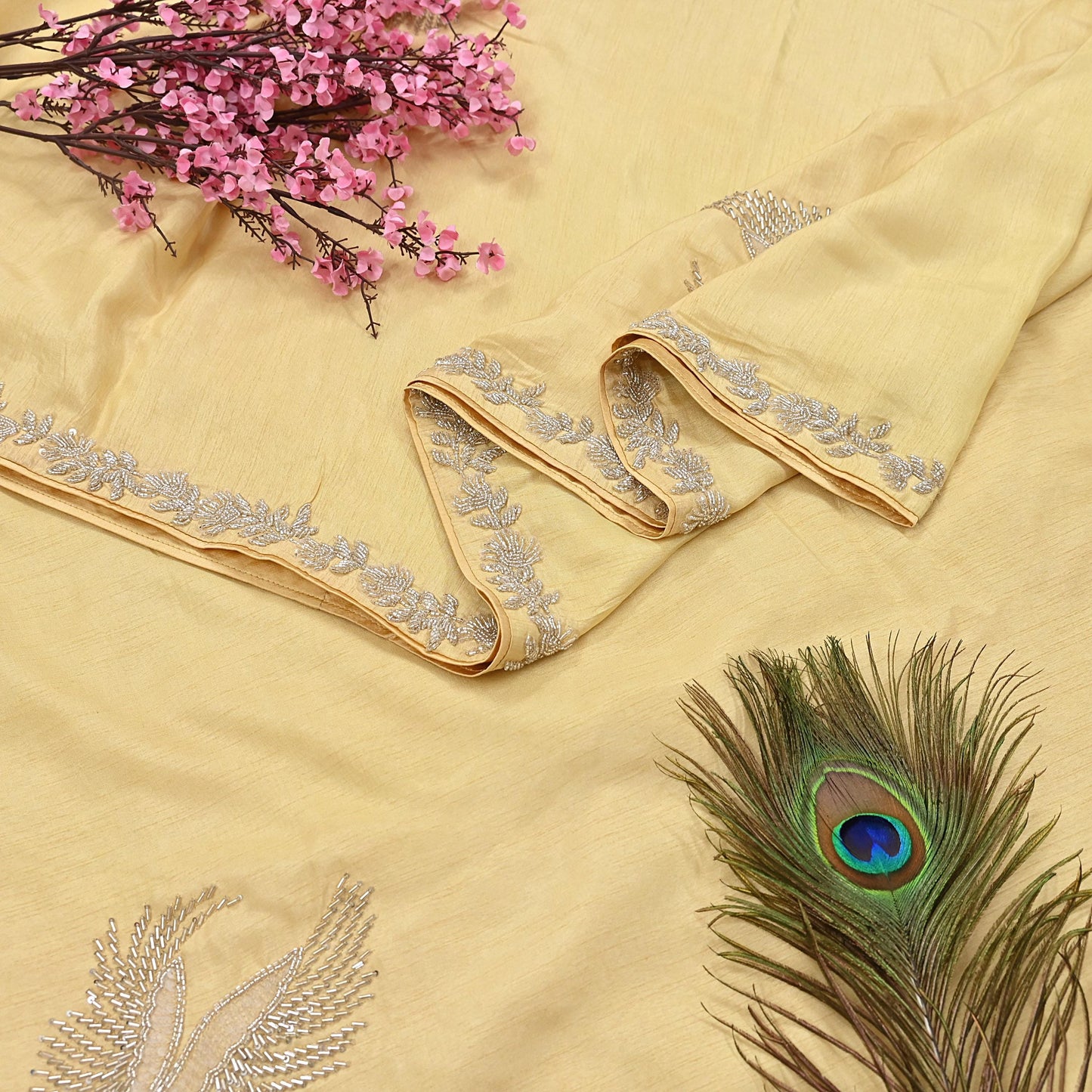 Rare Vintage Yellow Blend Silk Saree Hand Embroidered Fabric 5.5 Yard Sari Bollywood Party Wear Ethnic Designer Saree