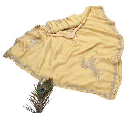 Rare Vintage Yellow Blend Silk Saree Hand Embroidered Fabric 5.5 Yard Sari Bollywood Party Wear Ethnic Designer Saree