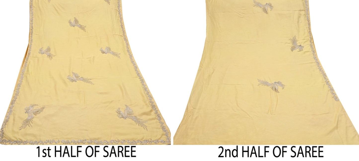 Rare Vintage Yellow Blend Silk Saree Hand Embroidered Fabric 5.5 Yard Sari Bollywood Party Wear Ethnic Designer Saree