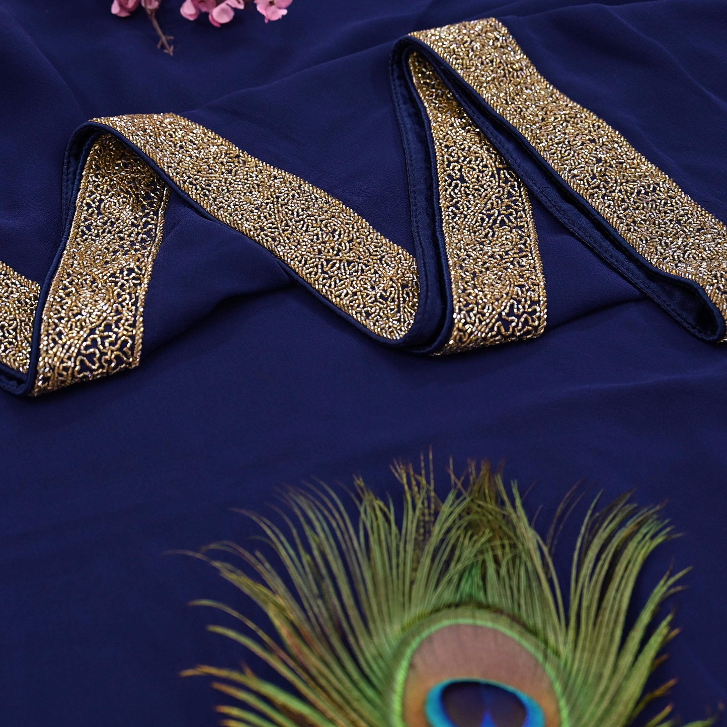Indian Vintage Deep Blue Saree Pure Georgette Silk Hand Beaded Sari 5Yd Zari Ethnic Designer Sabyasachi Sarees Bollywood sari