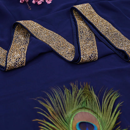 Indian Vintage Deep Blue Saree Pure Georgette Silk Hand Beaded Sari 5Yd Zari Ethnic Designer Sabyasachi Sarees Bollywood sari