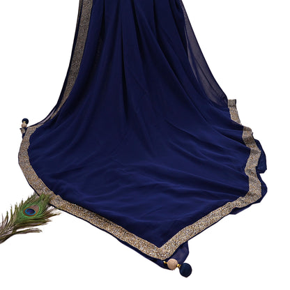 Indian Vintage Deep Blue Saree Pure Georgette Silk Hand Beaded Sari 5Yd Zari Ethnic Designer Sabyasachi Sarees Bollywood sari