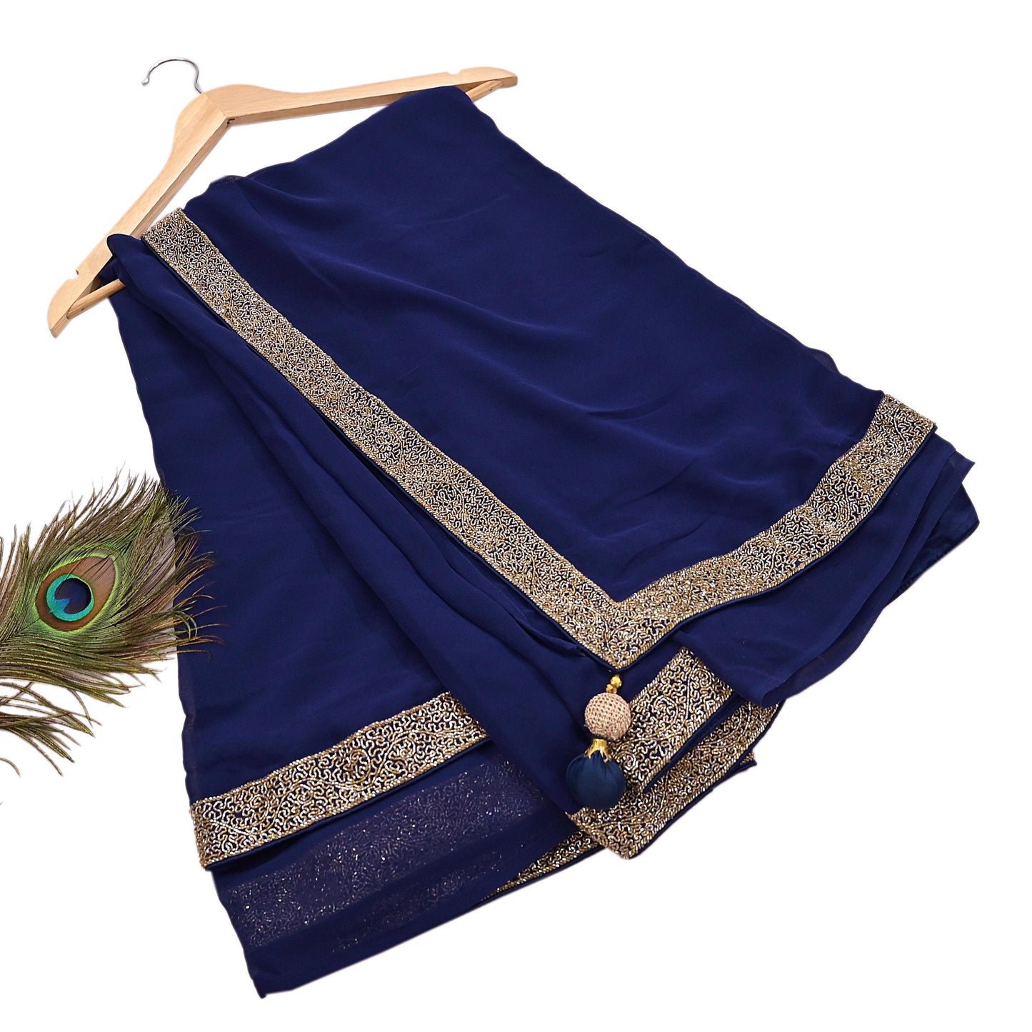 Indian Vintage Deep Blue Saree Pure Georgette Silk Hand Beaded Sari 5Yd Zari Ethnic Designer Sabyasachi Sarees Bollywood sari
