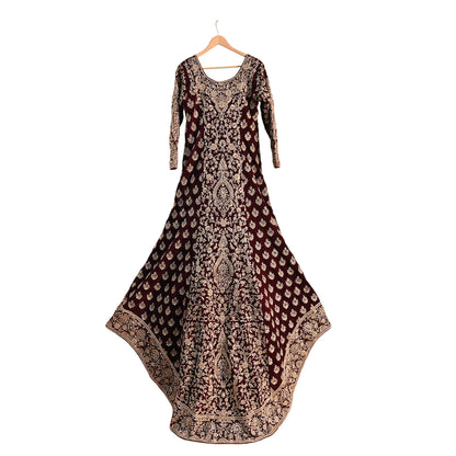 Maroon Velvet Anarkali Gown Vintage Bollywood Dress Zardozi Embroidered Floor Length Ethnic Party Wear Wedding Outfit