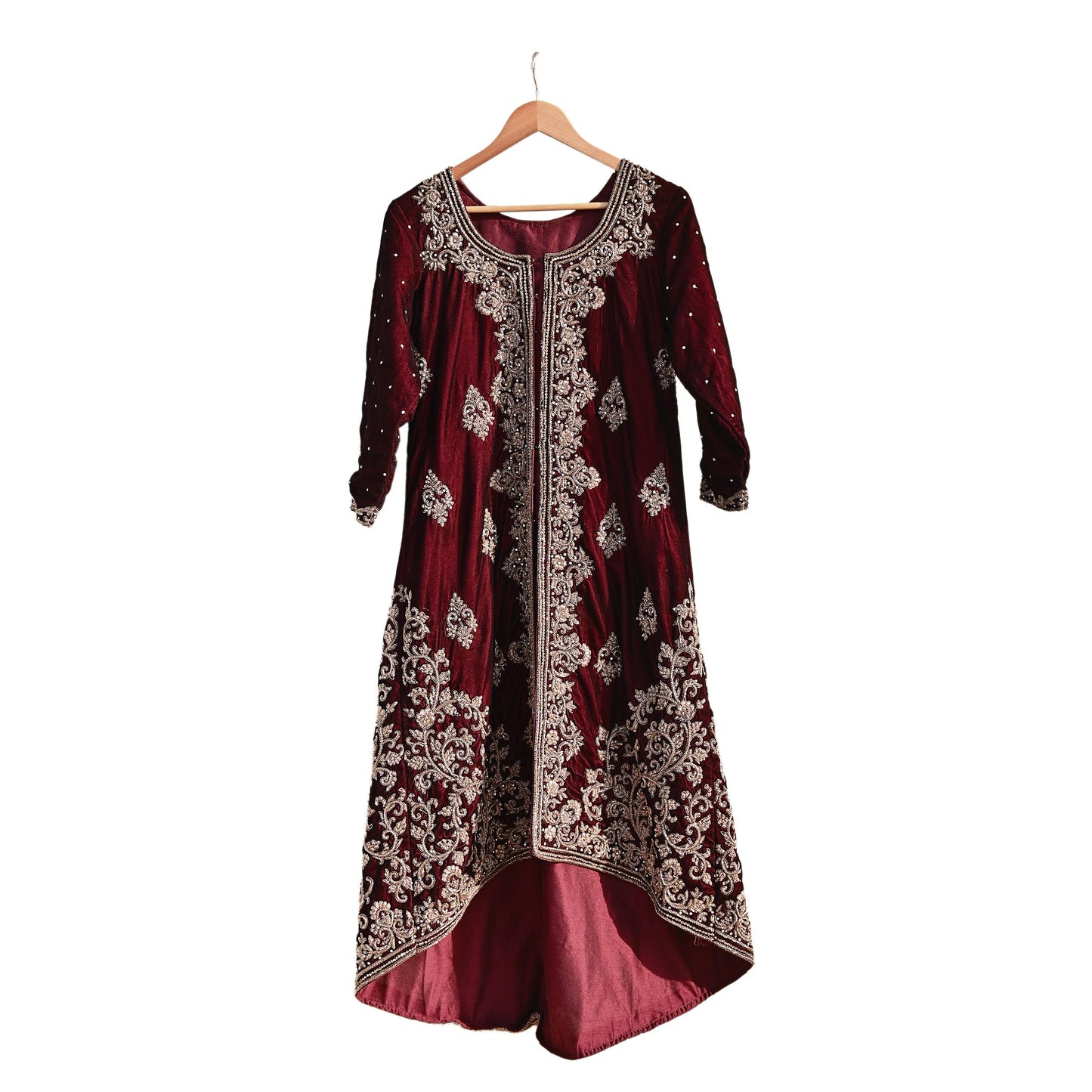 Maroon Velvet Indo-Western Kurti Dress Vintage Bollywood Dress Zardozi Embroidered Floor Length Ethnic Party Wear Wedding Outfit