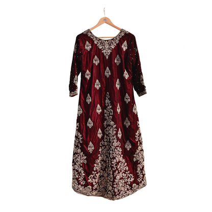 Maroon Velvet Indo-Western Kurti Dress Vintage Bollywood Dress Zardozi Embroidered Floor Length Ethnic Party Wear Wedding Outfit