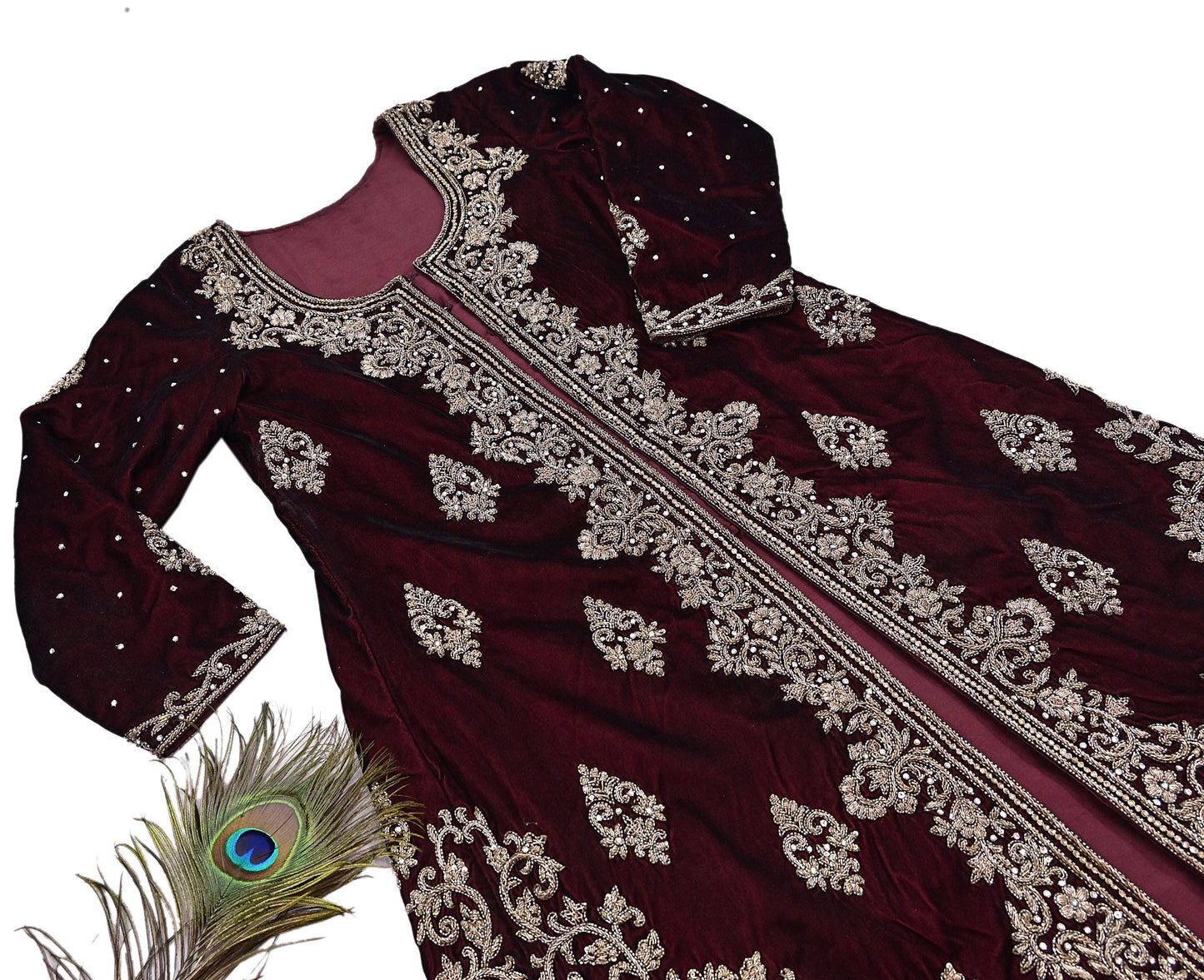 Maroon Velvet Indo-Western Kurti Dress Vintage Bollywood Dress Zardozi Embroidered Floor Length Ethnic Party Wear Wedding Outfit