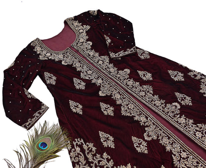 Maroon Velvet Indo-Western Kurti Dress Vintage Bollywood Dress Zardozi Embroidered Floor Length Ethnic Party Wear Wedding Outfit