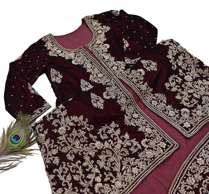 Maroon Velvet Indo-Western Kurti Dress Vintage Bollywood Dress Zardozi Embroidered Floor Length Ethnic Party Wear Wedding Outfit