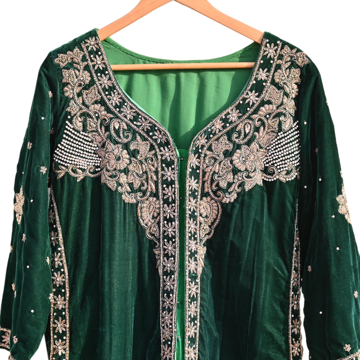 Green Velvet Straight Kurta Vintage Bollywood Dress Zardozi Embroidered Floor Length Ethnic Party Wear Wedding Outfit