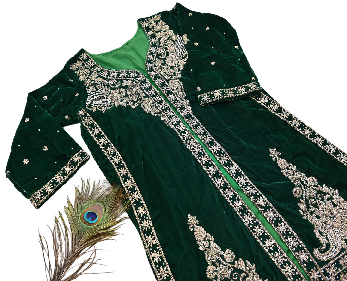 Green Velvet Straight Kurta Vintage Bollywood Dress Zardozi Embroidered Floor Length Ethnic Party Wear Wedding Outfit