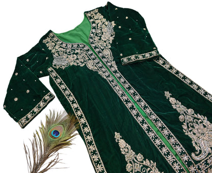 Green Velvet Straight Kurta Vintage Bollywood Dress Zardozi Embroidered Floor Length Ethnic Party Wear Wedding Outfit