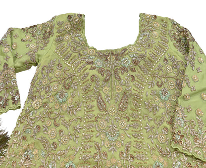 Vintage Green Organza Silk Anarkali Kurti Dress, Hand Embroidered Bollywood Ethnic Indian Festive Wear, Designer Kurta