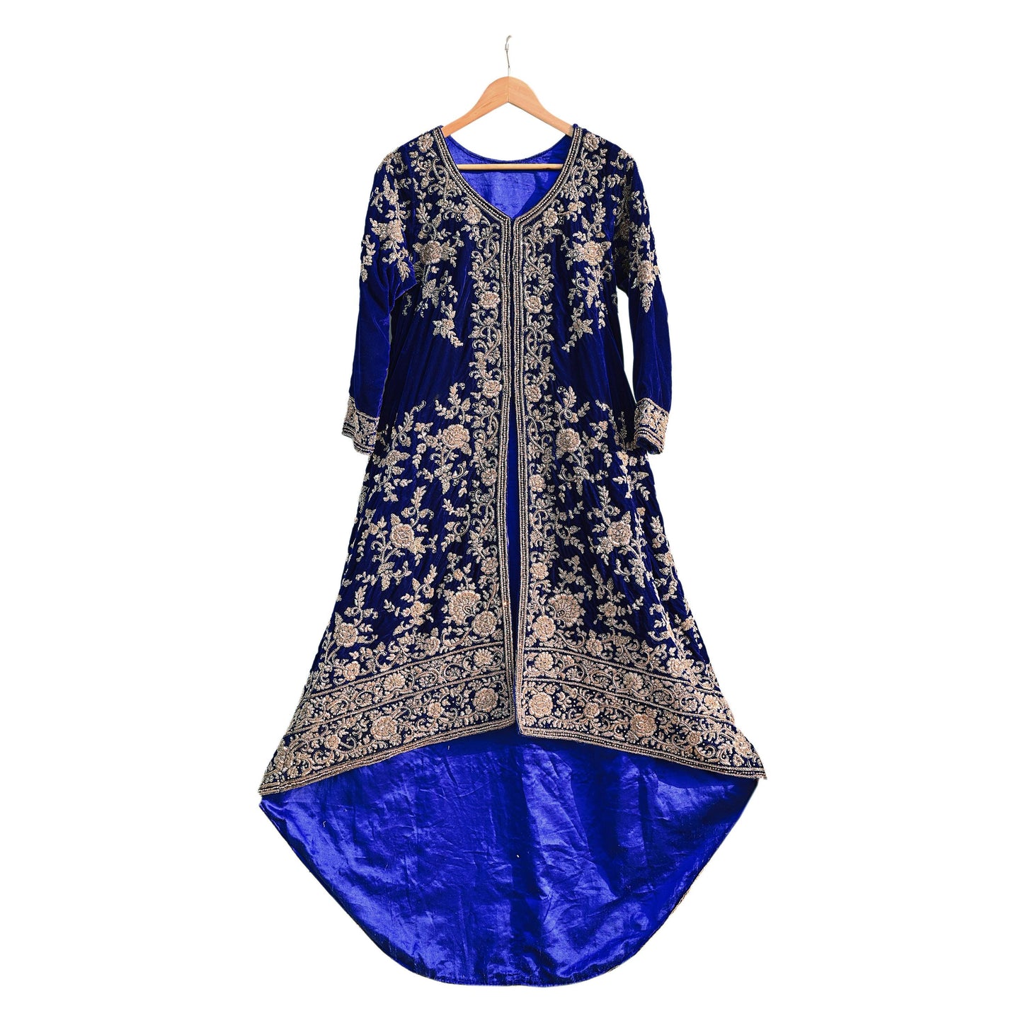 Royal Blue Velvet Anarkali Gown Vintage Bollywood Dress hand Zardozi Embroidered Floor Length Ethnic Party Wear Wedding Outfit