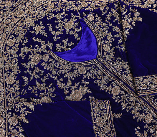 Royal Blue Velvet Anarkali Gown Vintage Bollywood Dress hand Zardozi Embroidered Floor Length Ethnic Party Wear Wedding Outfit