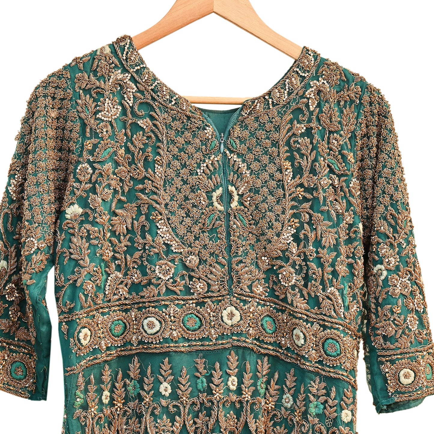 Green Net Anarkali style Gown Vintage Bollywood Dress Zardozi hand Embroidered Floor Length Ethnic Party Wear Wedding Outfit