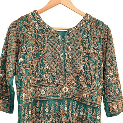 Green Net Anarkali style Gown Vintage Bollywood Dress Zardozi hand Embroidered Floor Length Ethnic Party Wear Wedding Outfit